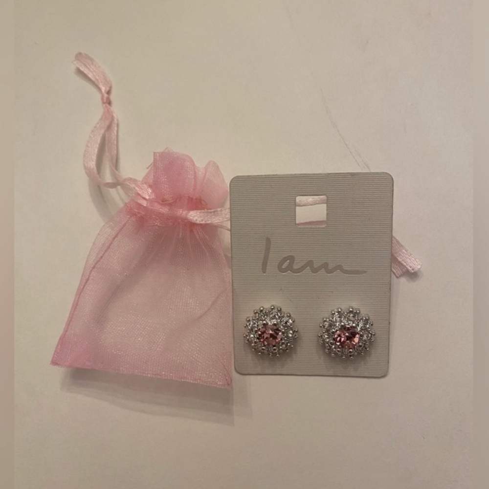 I Am Silver Diamond Rhinestone Pink Ice Crystal Affirmation Earrings NWT OS